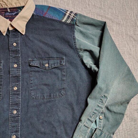 Vintage Wrangler Shirt Mens Long Tail Western Pearl Snap Brushpopper Patchwork - Picture 10 of 13